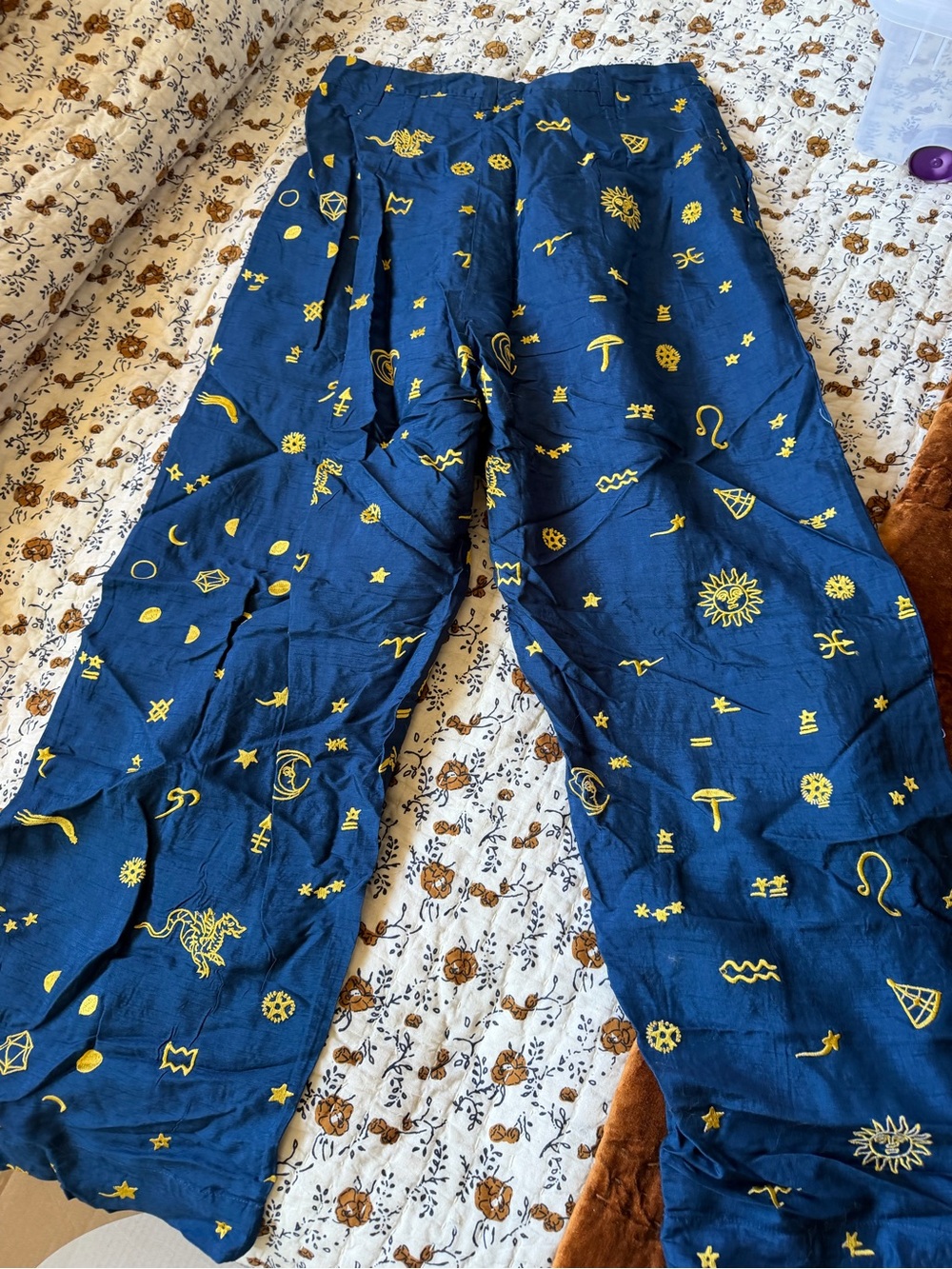 Samantha Pleet Navy Blue Wide-Leg Trousers with Yellow Celestial Print - Picture 3 of 3